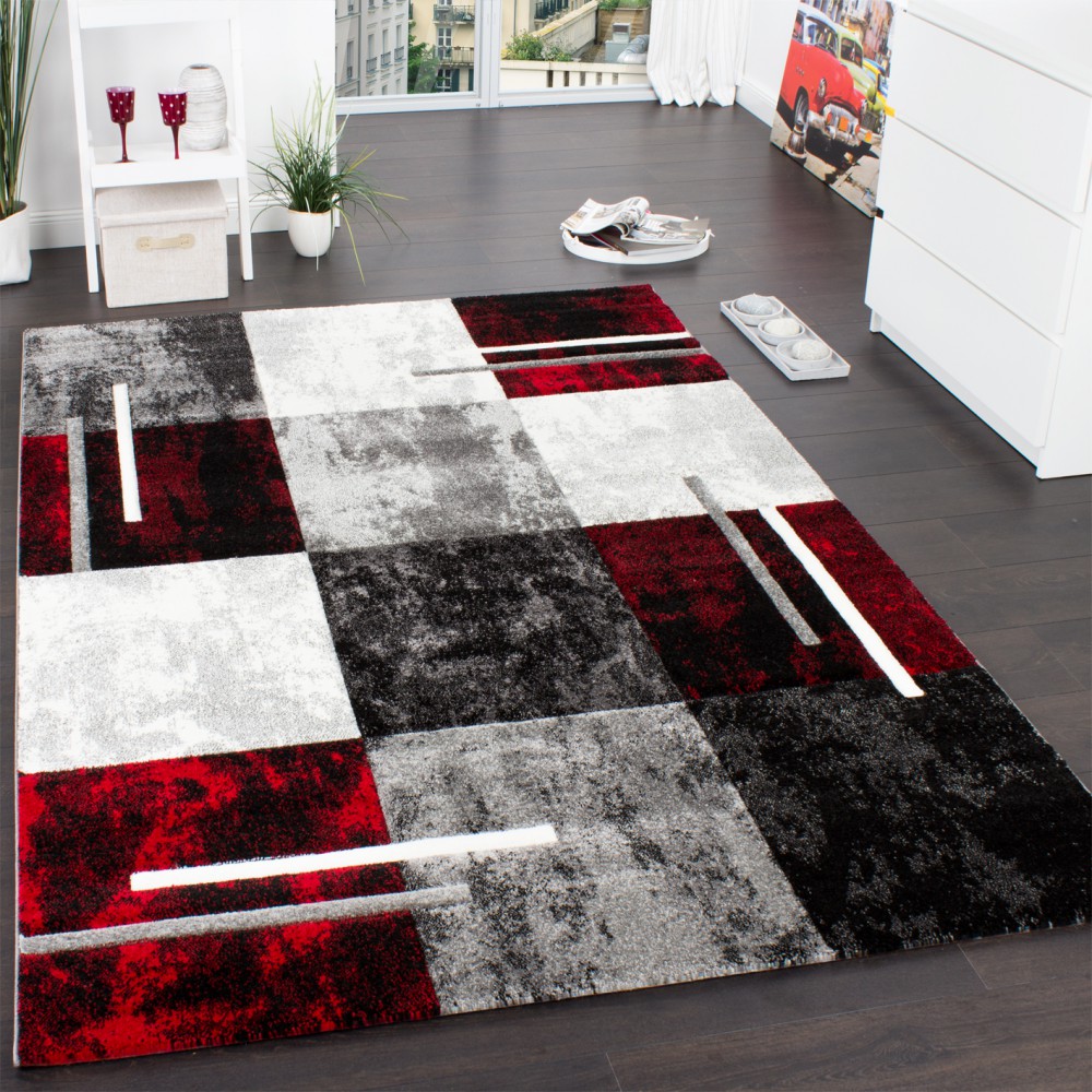 designer teppich karo grau rot