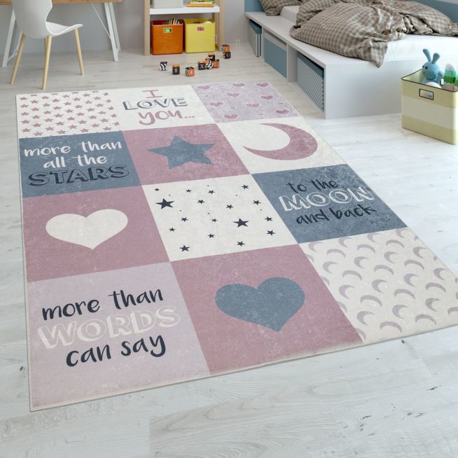 Kinderteppich Teppich Kinderzimmer Lila Babyteppich mit Herz Stern Mond 2019