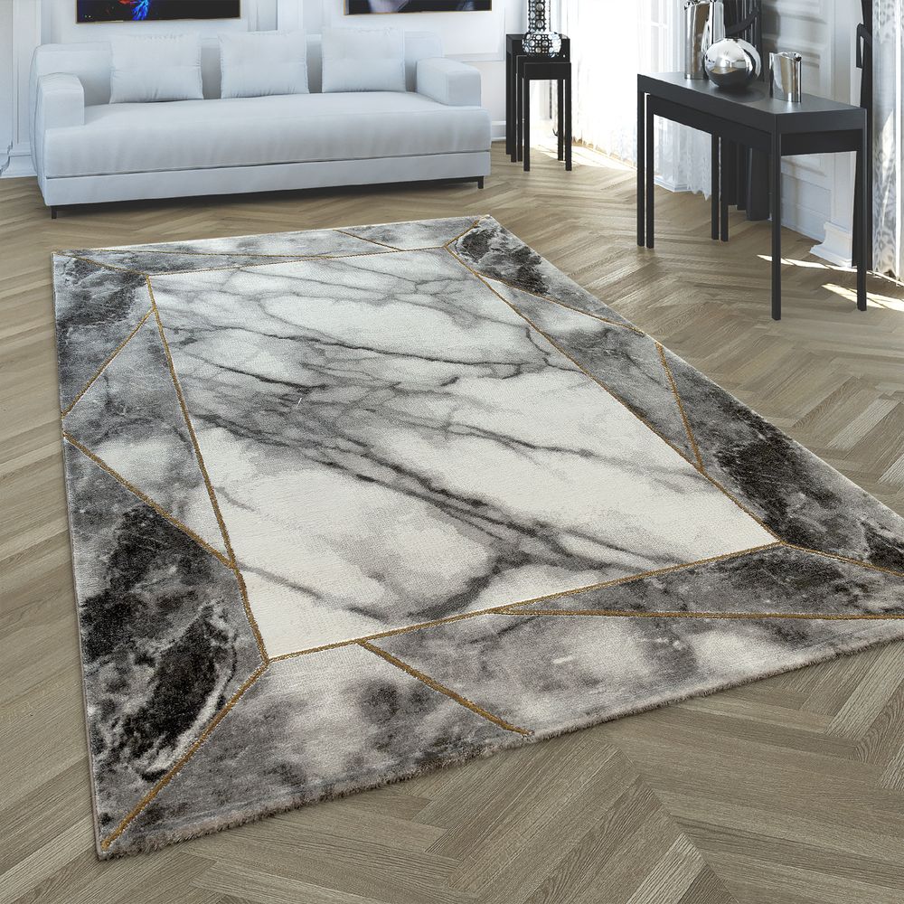 Kurzflor Wohnzimmer Teppich Modern Marmor Design Abstraktes Muster Grau Gold 
