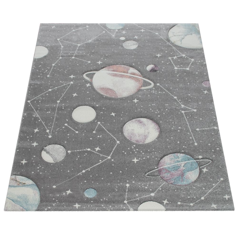 Spiel-Teppich Mit Planeten Und Sternen Kinder-Teppich Für Kinderzimmer In Grau 