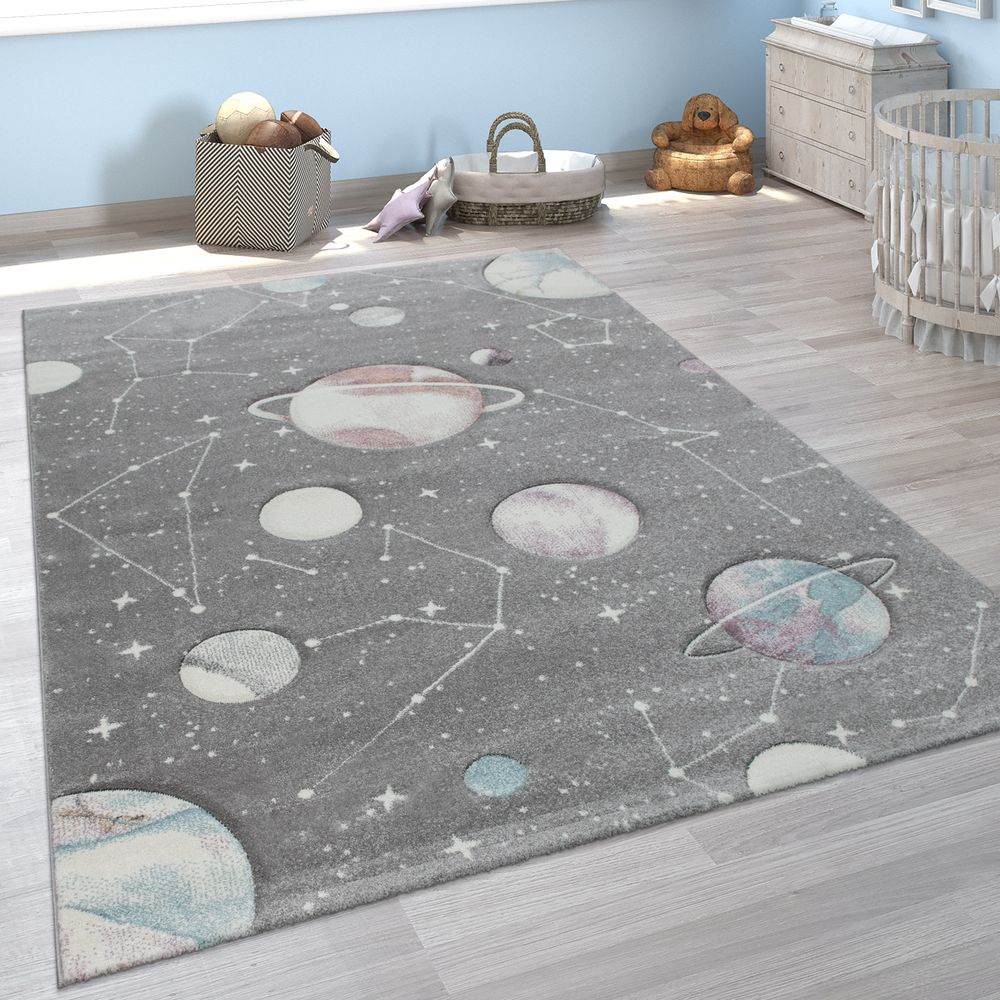 Kinder-Teppich Kinderzimmer Planeten Sterne Grau | Mirai ...