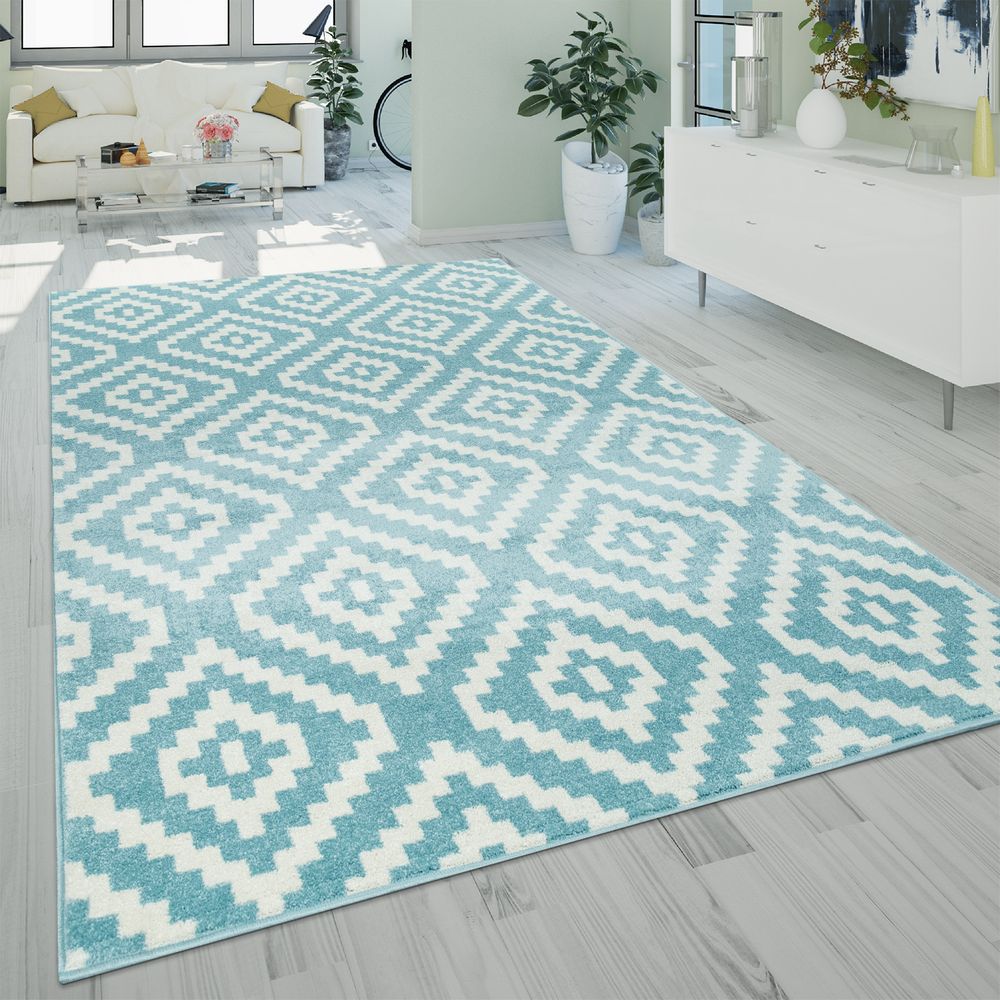 Teppich Kurzflor Beige Weiß Blau Modern Wohnzimmer Design NEU