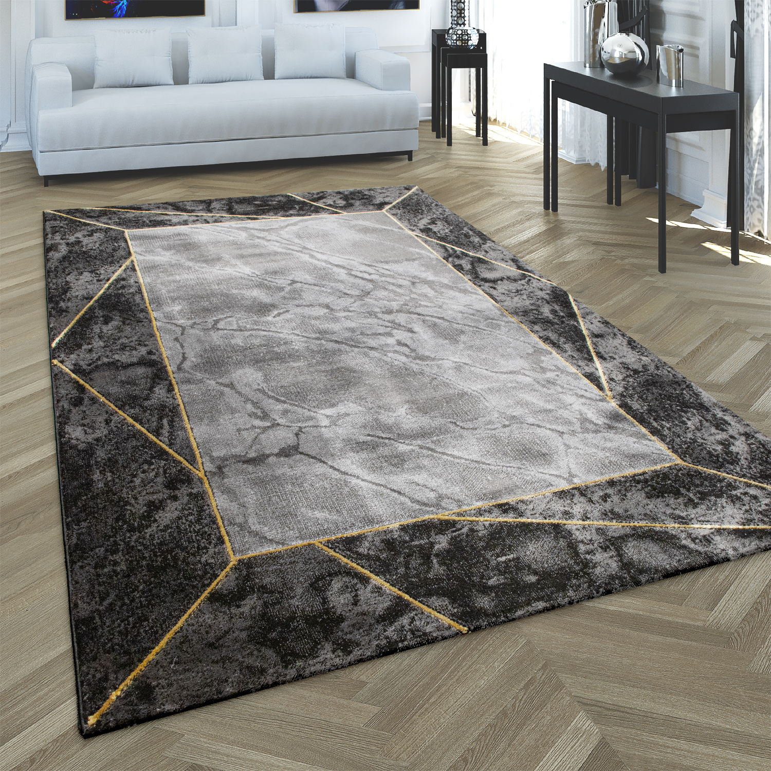 Wohnzimmer Teppich Schlafzimmer Grau Kurzflor Bordüre 3-D Effekt Dreieck Design 