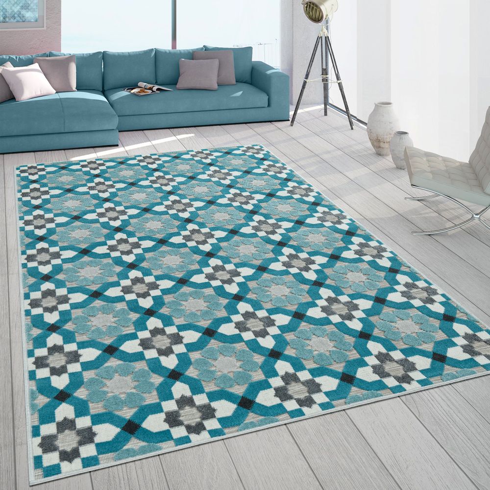 In- und Outdoorteppich Mosaik-Muster Türkis | Mirai Trading GmbH