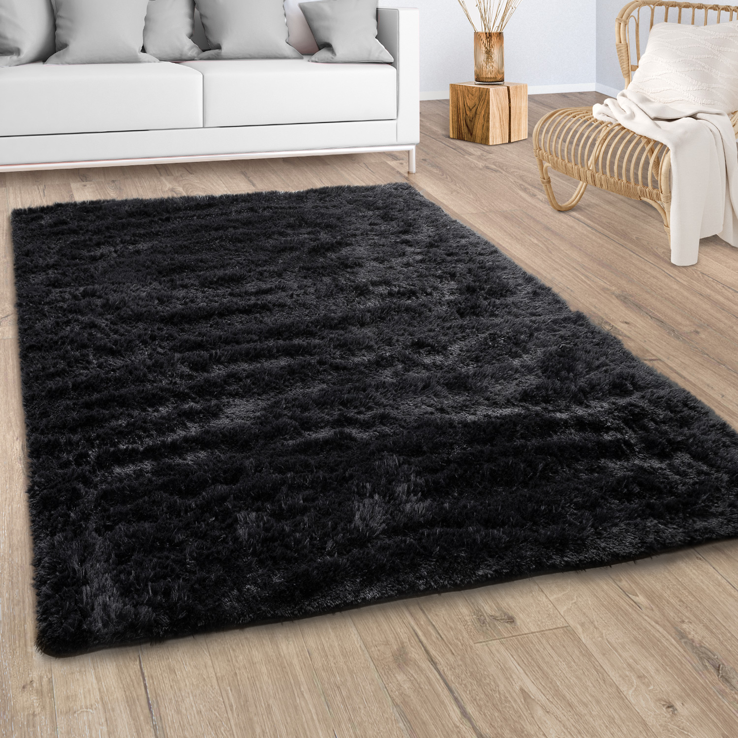 Hochflor Teppich Wohnzimmer Shaggy Flauschig Schwarz | Mirai Trading GmbH