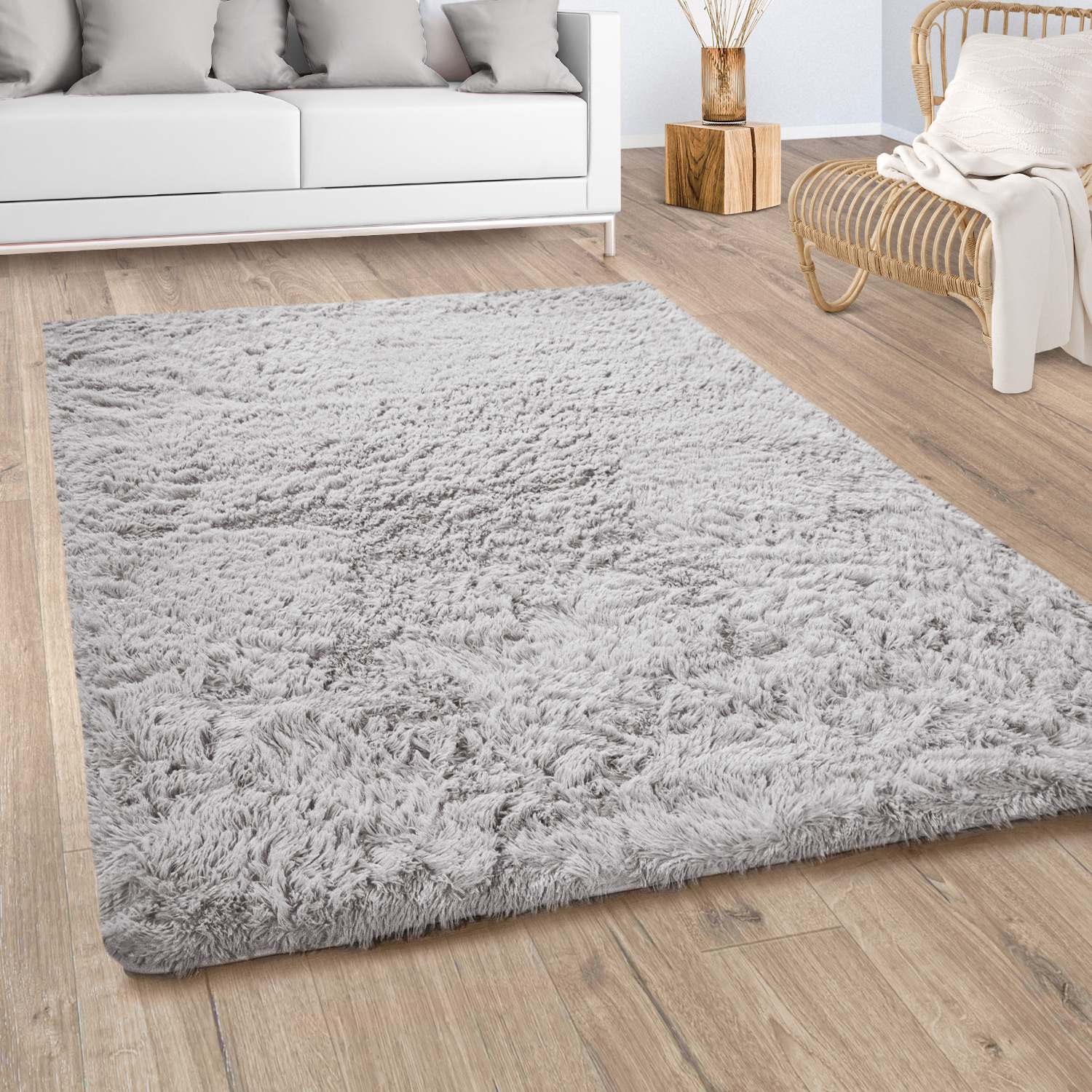 Hochflor Teppich Wohnzimmer Shaggy Flauschig Silber | Mirai Trading GmbH